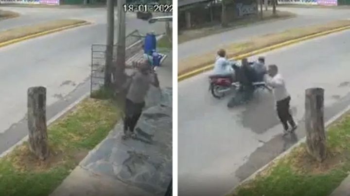 Evitó que motochorros le robaran la moto a un hombre arrojándoles una reja