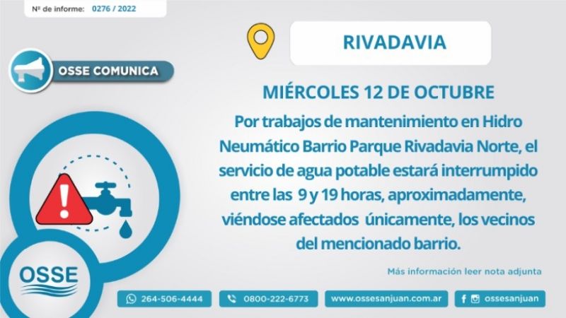 Un populoso barrio de Rivadavia se quedará sin agua por 10 horas