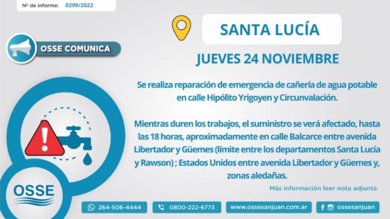 Reparan un caño de agua potable en Santa Lucía: ¿qué zonas se ven afectadas?