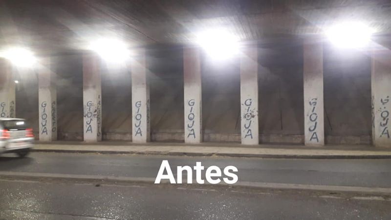 Hartos de pintadas políticas: dos vecinos embellecieron un puente de Circunvalación