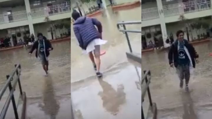 Un alumno del Central se hizo viral por 'surfear' en el patio de la escuela